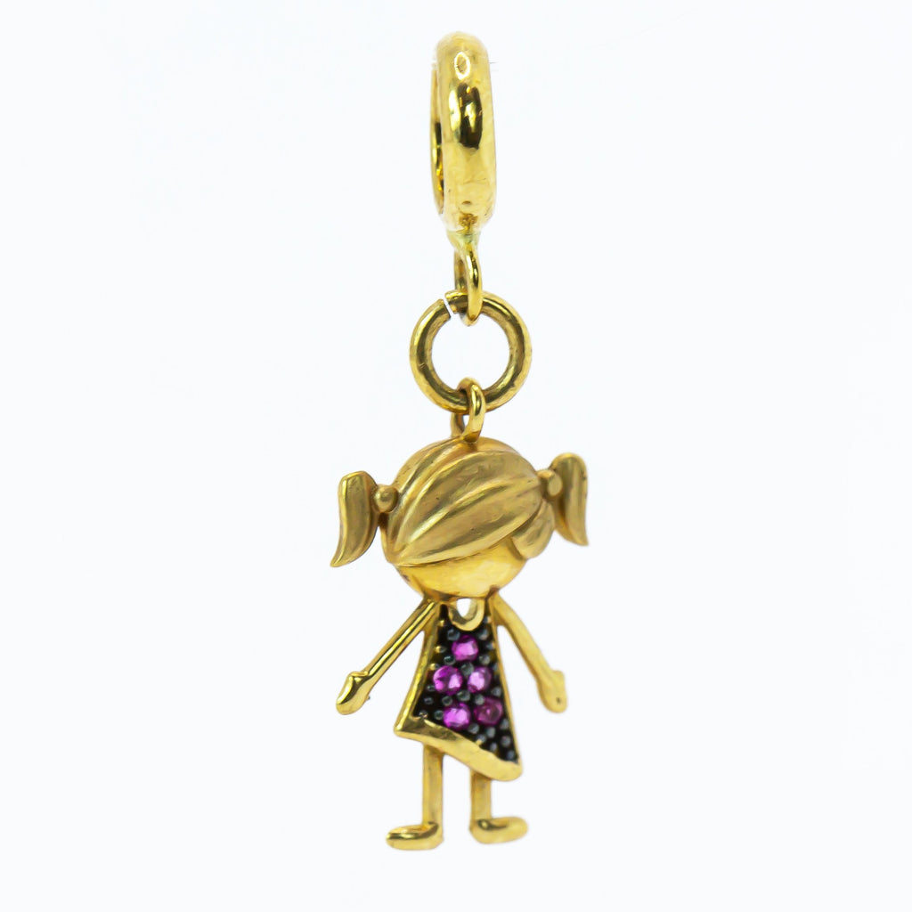 Pingente Pandora em Ouro Sólido 18K Menina Vestido Rosa